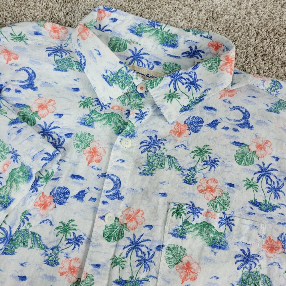 Tommy Bahama Mens 2XL White‎ AOP Floral Hawaiian Short Sleeve Linen Blend